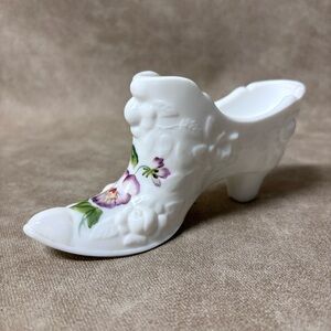 Vintage Fenton Art Glass, Cabbage Rose & Pansys Milk Glass Shoe Slipper Signed